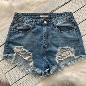 Fashion Nova High Rise Denim Distressed Shorts